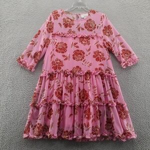 Chloe Oliver Floral Tiered Midi Dress Size Large Pink Womens 3/4‎ Sleeve Lined